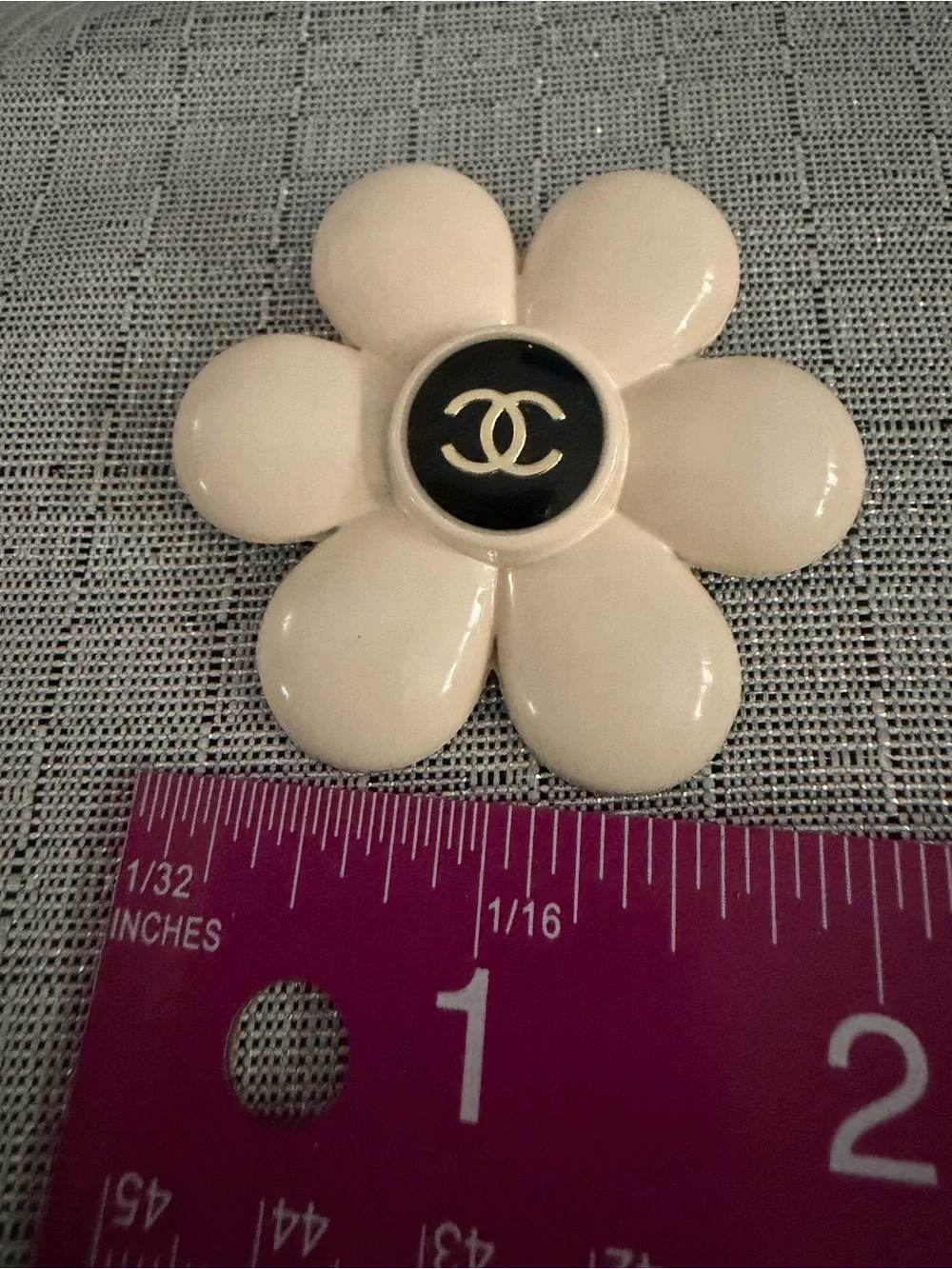 Chanel Flower Brooch in Cream with Black & Gold Logo